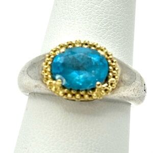 Lagos Caviar Silver & Gold Faceted Blue Topaz Ring Size 7
